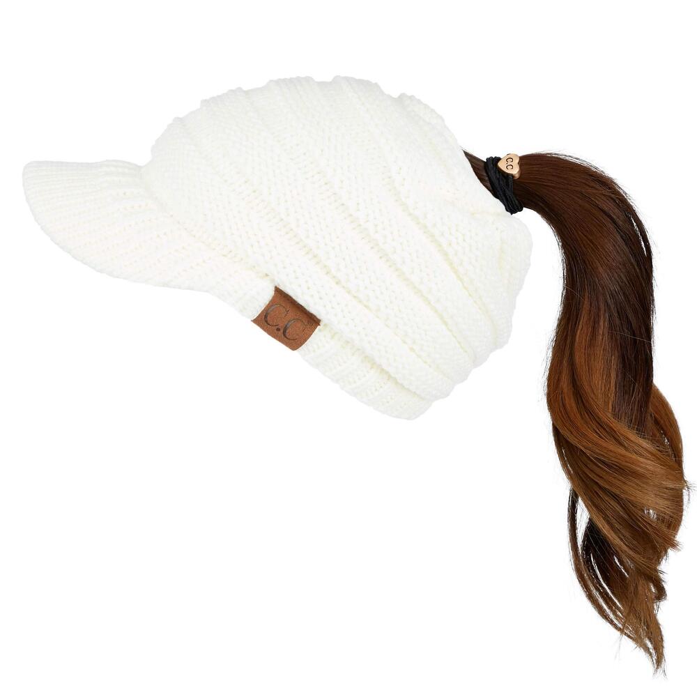 3001 Messy Bun Ponytail Visor Brim Beanie Hat MB-131 Ivory